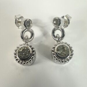Dior Silver Tone Dangle Drop Earrings Rhinestone Accent Designer Jewelry 3/4”